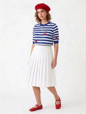NWT Madison By Design Blue White Striped Cherry Embroidered Knit Sweater Top M